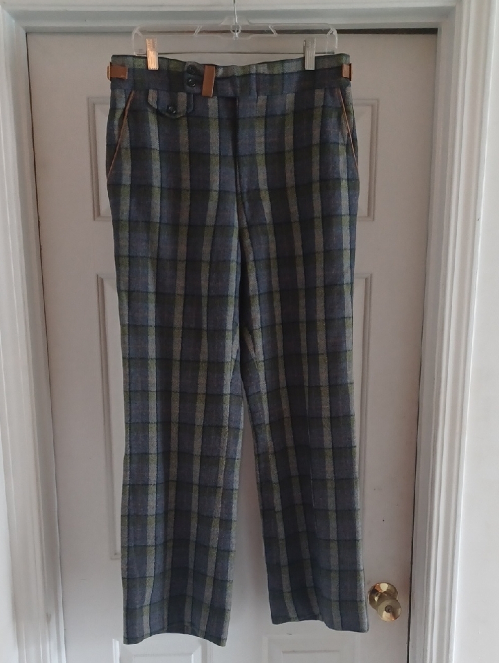 Plaid Wool Dress Pants in Blue and Green